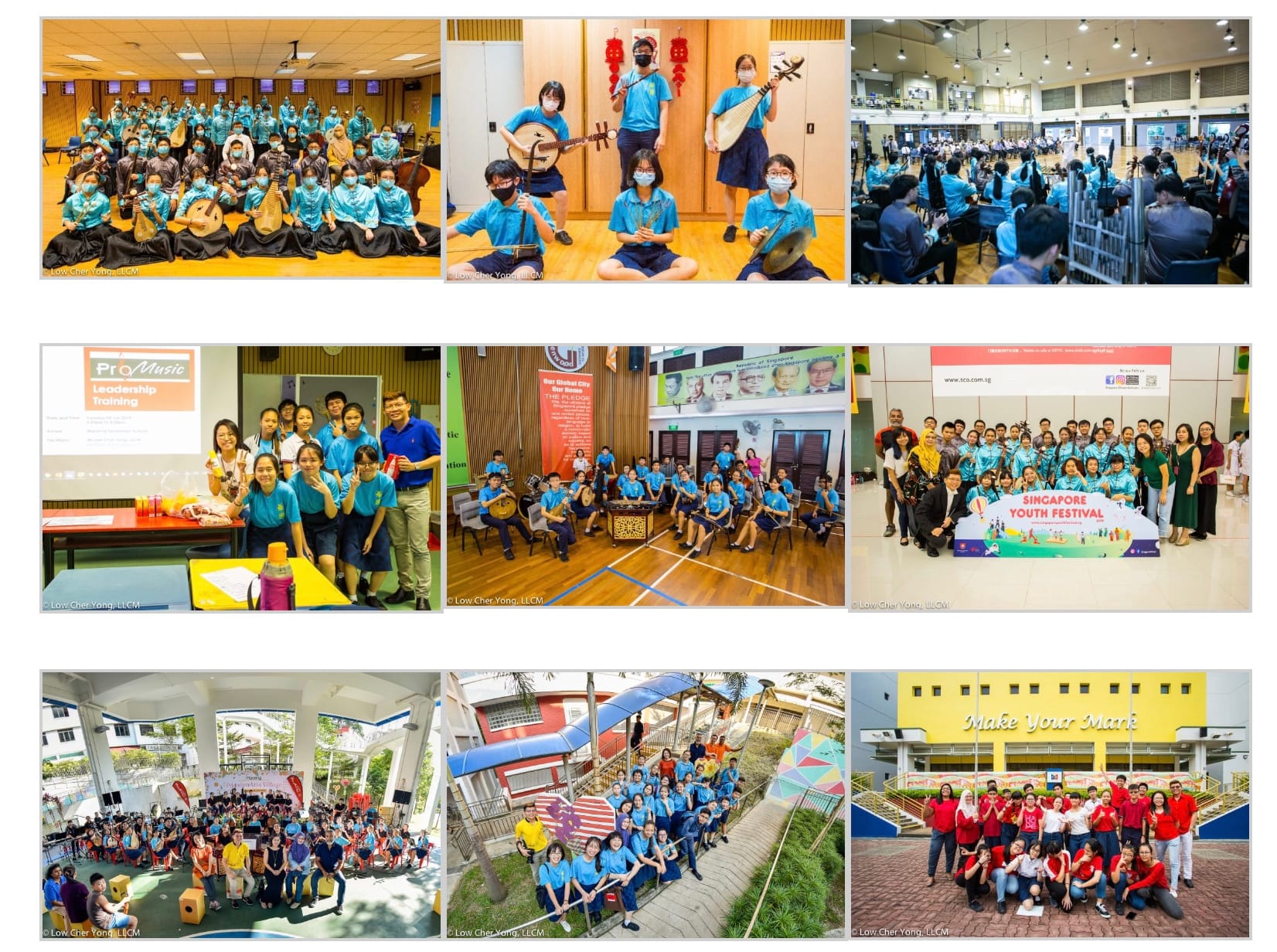 Nine photos showing students in blue uniforms at music events, group sessions, a youth festival, and outdoor school gatherings.